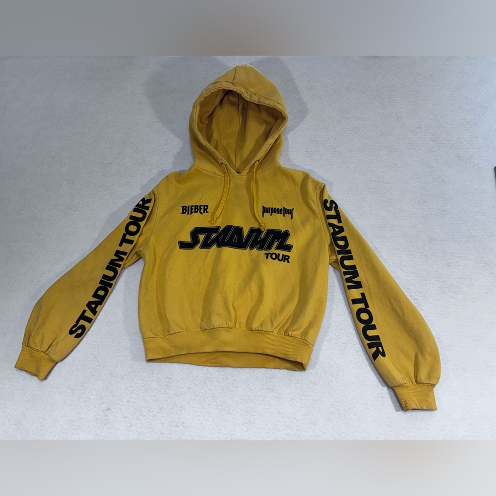 Justin Bieber Purpose World Tour Womens Crop Top Hoodie Stadium Tour Yellow Sz M